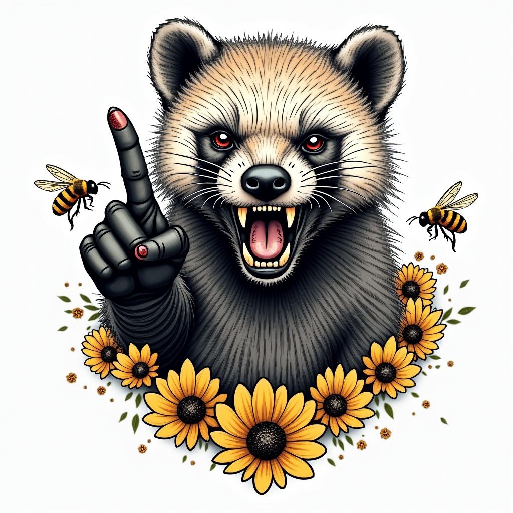 An angry honey badger surrounded by honey combs and bees flipping you off with just its middle finger sticking out away from its body. Made in full color not black and whitein paganic style tattoo, featuring ancient symbols, add vegvisir symbol, mystical figures, incorporating designs, pentagrams, runes, crescent moons, - Variation 4