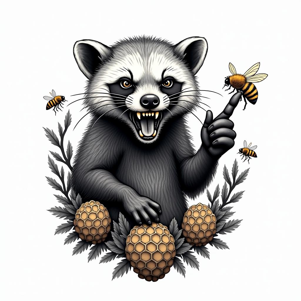 An angry honey badger surrounded by honey combs and bees flipping you off with just its middle finger sticking out away from its body. Made in full color not black and whitein paganic style tattoo, featuring ancient symbols, add vegvisir symbol, mystical figures, incorporating designs, pentagrams, runes, crescent moons, - Variation 2