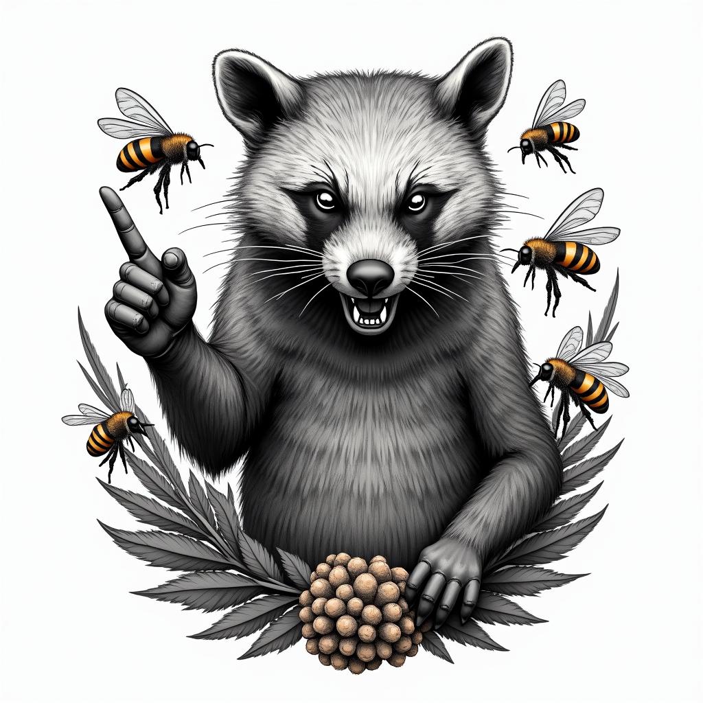 An angry honey badger surrounded by honey combs and bees flipping you off with just its middle finger sticking out away from its body. Made in full color not black and whitein paganic style tattoo, featuring ancient symbols, add vegvisir symbol, mystical figures, incorporating designs, pentagrams, runes, crescent moons,