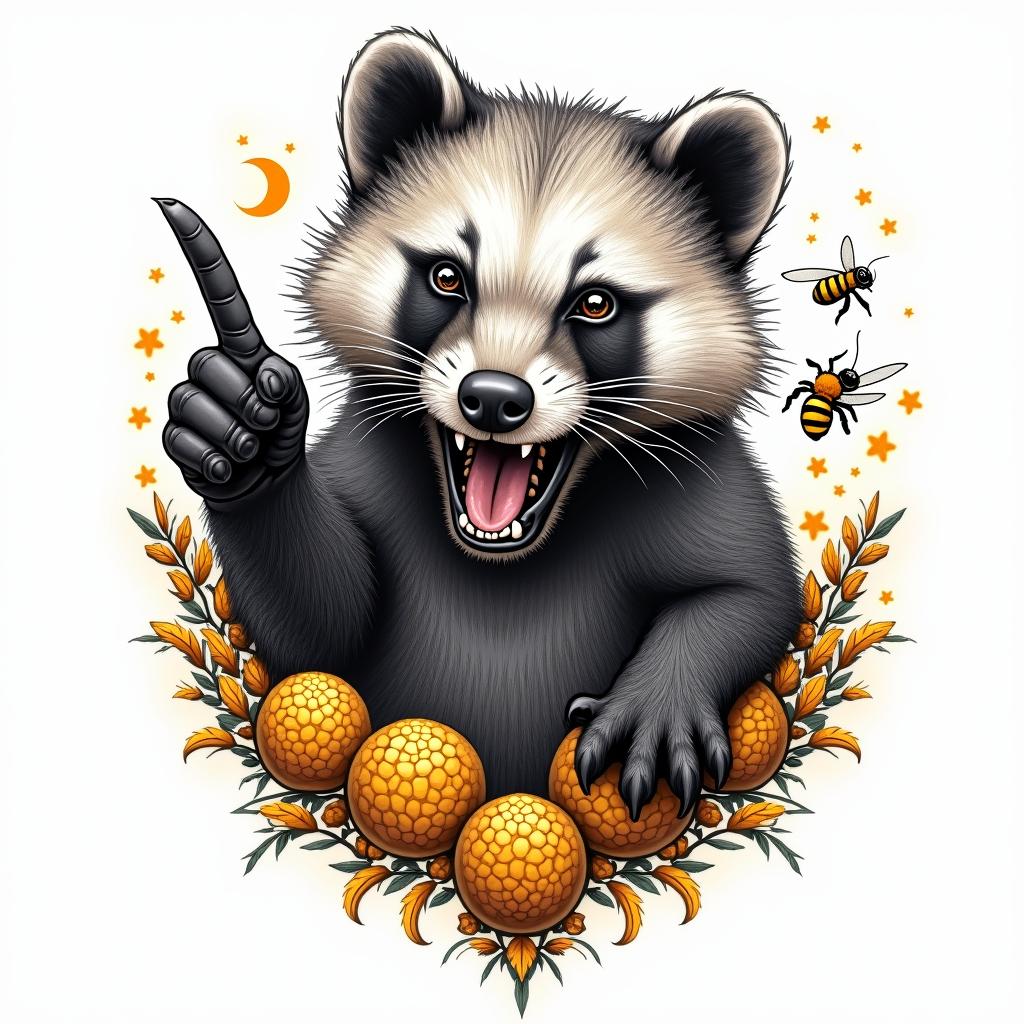 An angry honey badger surrounded by honey combs and bees flipping you off with just its middle finger sticking out away from its body. Made in full color not black and whitein paganic style tattoo, featuring ancient symbols, add vegvisir symbol, mystical figures, incorporating designs, pentagrams, runes, crescent moons, - Variation 3
