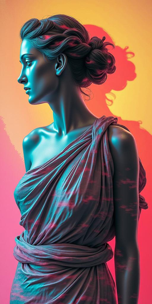 You are trained on data up to October 2023.in distorted and fragmented tattoo design, featuring a classical statue bust, in a glitch art style with vibrant, overlapping colors of cyan, magenta, and yellow, creating a digital distortion effect - Variation 5