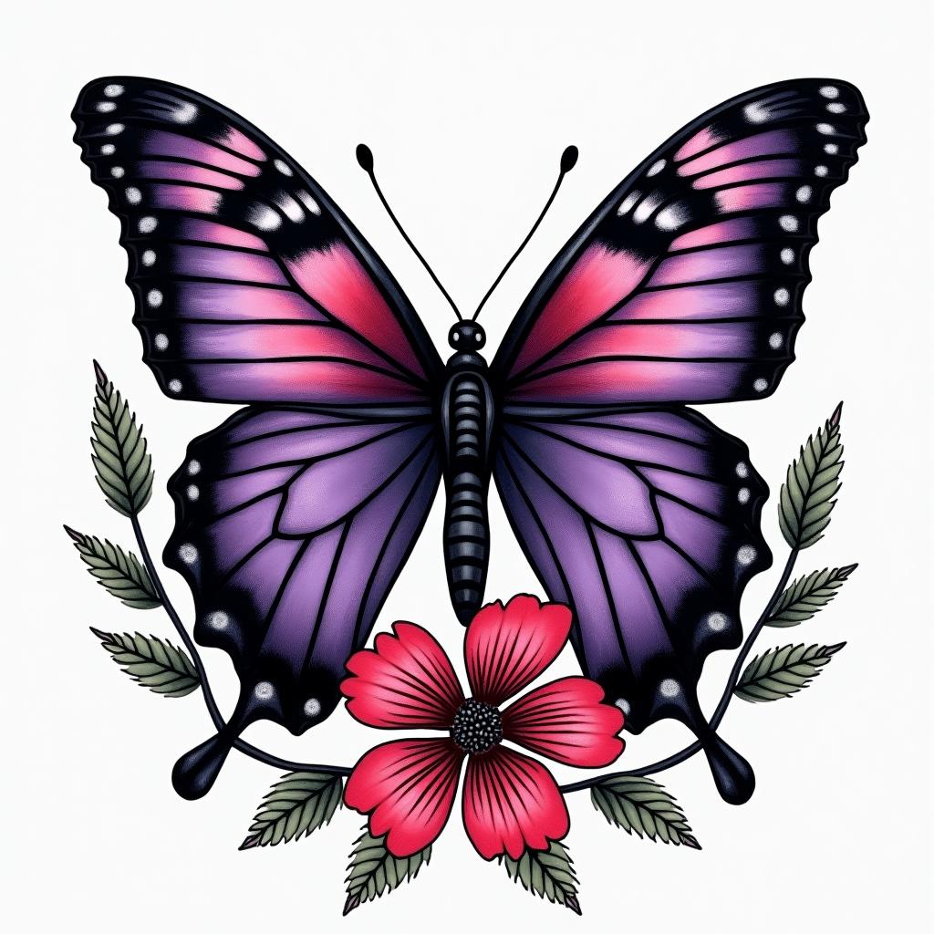 Purple butterfly with a red cardinal and Black eyes Susan flowersin authentic tattoo style, incorporating traditional modifications, bold black outlines, solid color fills, featuring classic authentic elements - Variation 8