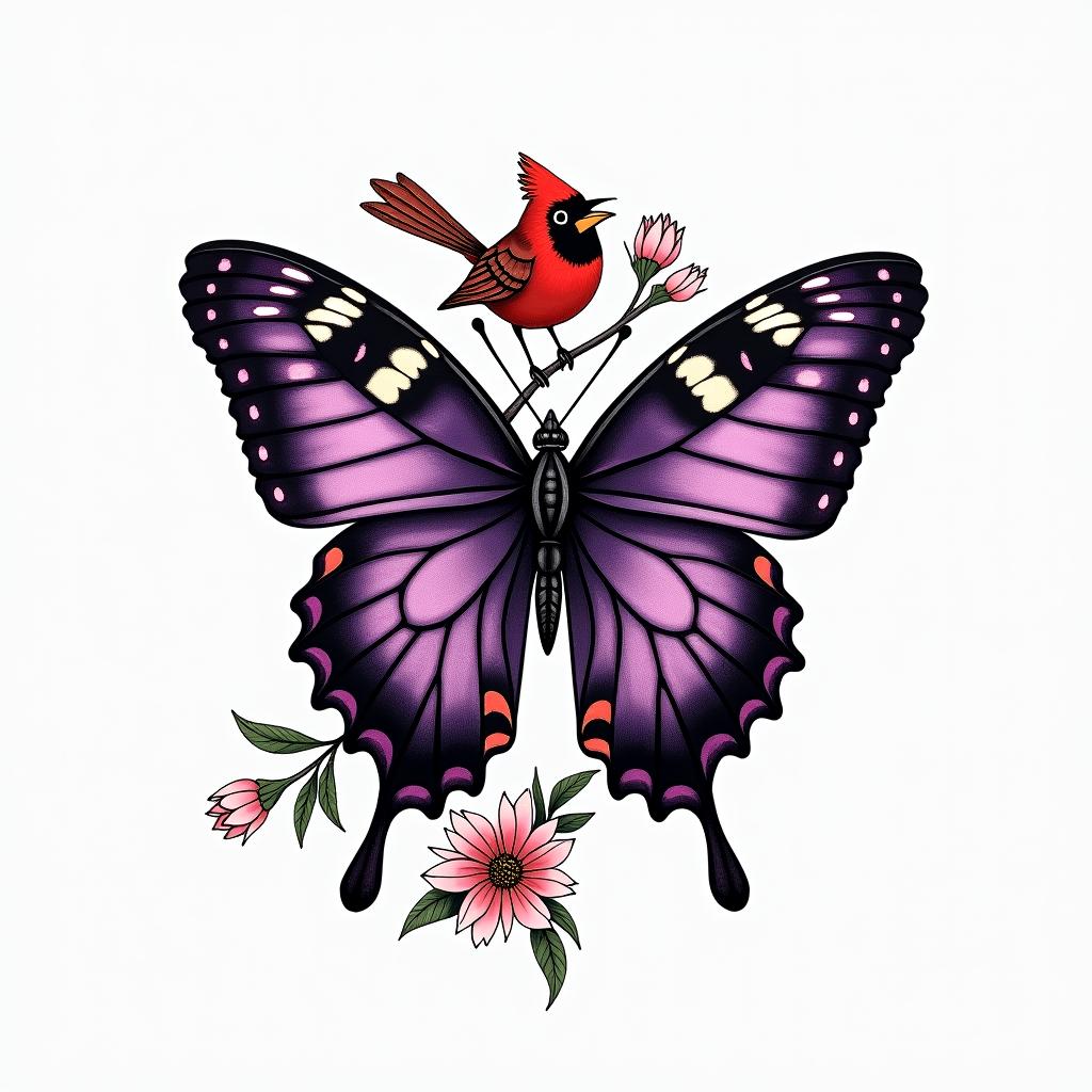 Purple butterfly with a red cardinal and Black eyes Susan flowersin authentic tattoo style, incorporating traditional modifications, bold black outlines, solid color fills, featuring classic authentic elements - Variation 6