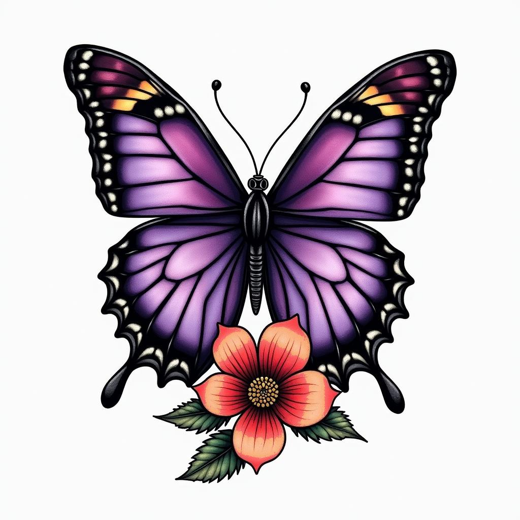 Purple butterfly with a red cardinal and Black eyes Susan flowersin authentic tattoo style, incorporating traditional modifications, bold black outlines, solid color fills, featuring classic authentic elements - Variation 5