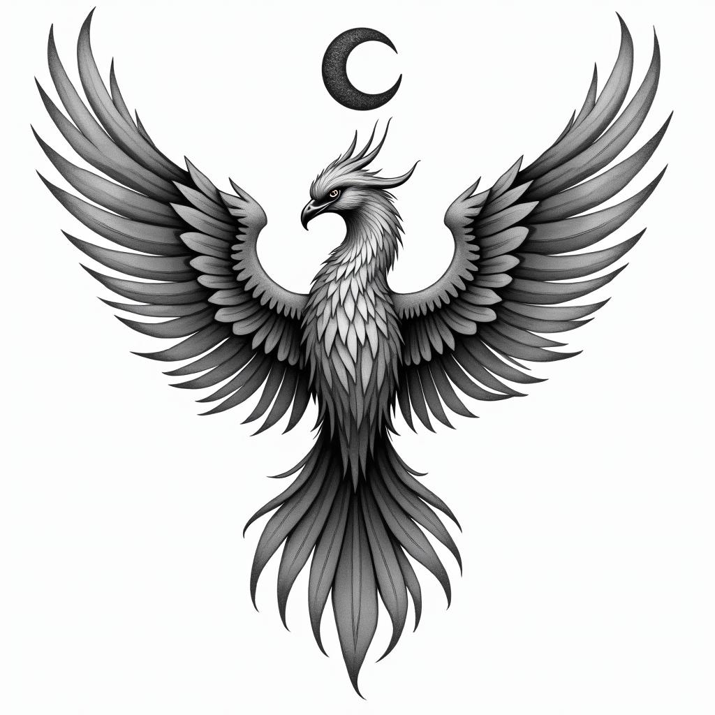 Flying phoenix with fire i still risein paganic style tattoo, featuring ancient symbols, add vegvisir symbol, mystical figures, incorporating designs, pentagrams, runes, crescent moons, - Variation 8