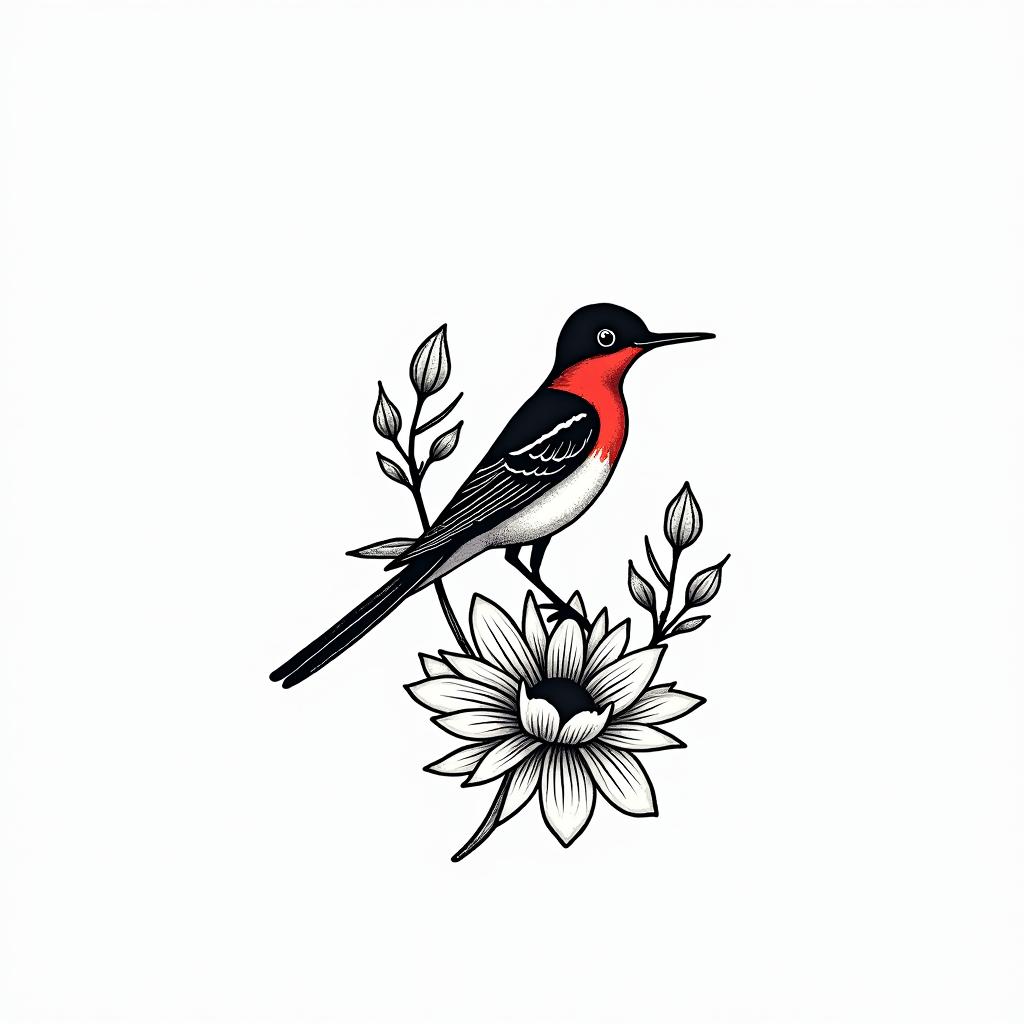 Scissor tailed fly catcher surrounded by Indian blanket flowersin 8-bit tattoo style, minimalistic pixel style tattoo, pixel art with simplified shapes and retro gaming visuals, inspired by 8-bit pixel based detailing