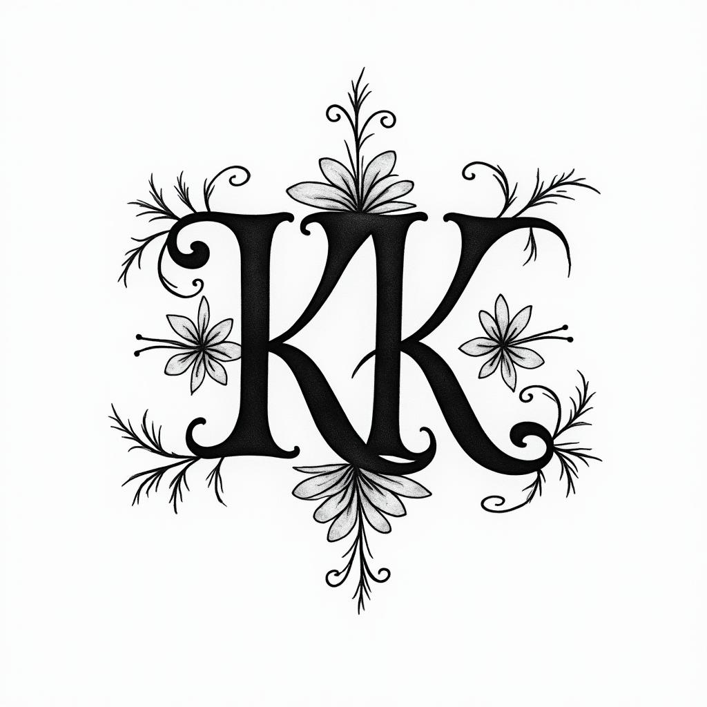 intertwined initials "K" and "K" elegantly designed, symbolizing deep love and unbreakable friendship, surrounded by subtle decorative elements that highlight connection and resilience, in a stylish and flowing font.higly detailed tattoo - Variation 4