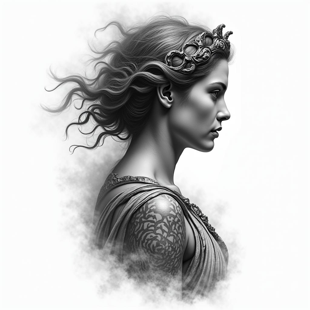 Athena, the goddess of war, firehigly detailed tattoo - Variation 21