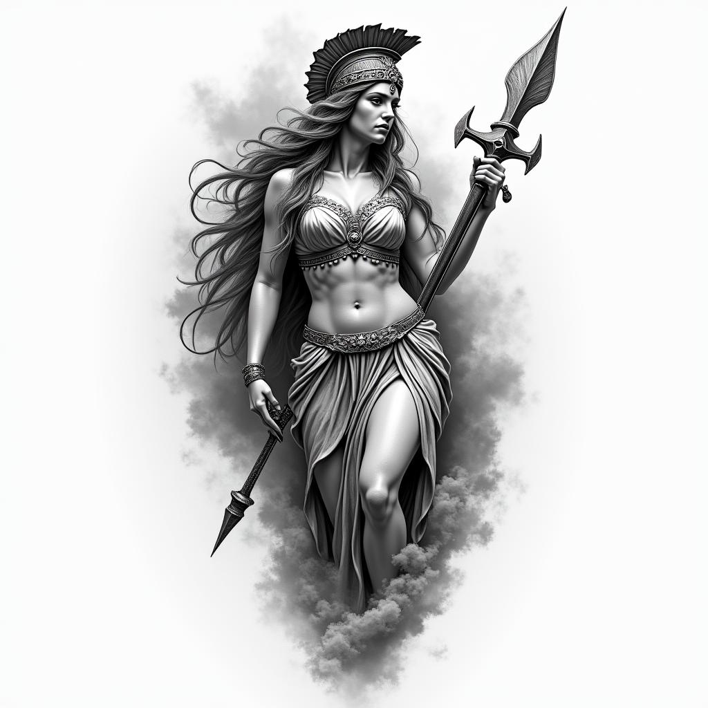 Athena, the goddess of war, firehigly detailed tattoo - Variation 22