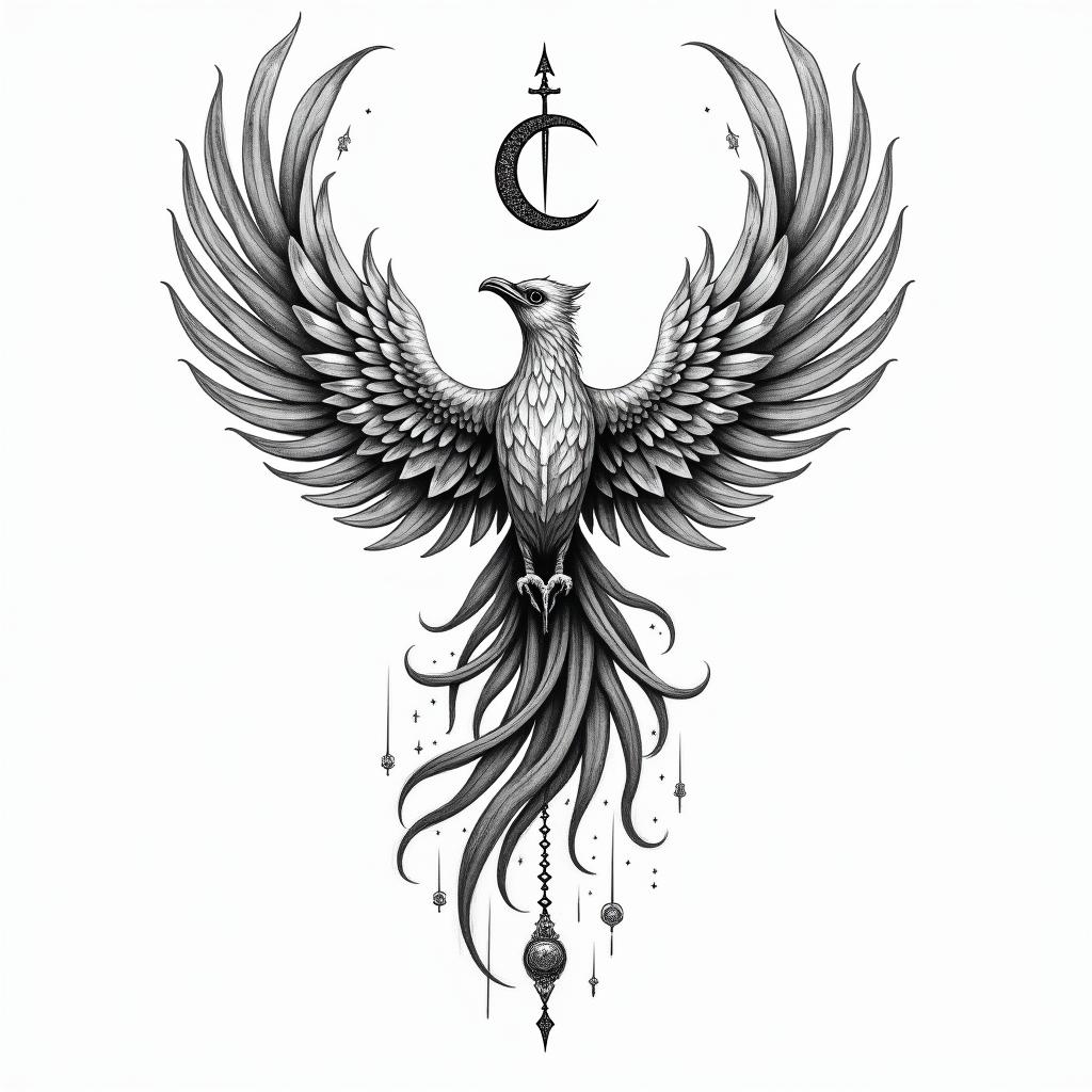 Flying phoenix with fire i still risein paganic style tattoo, featuring ancient symbols, add vegvisir symbol, mystical figures, incorporating designs, pentagrams, runes, crescent moons, - Variation 3