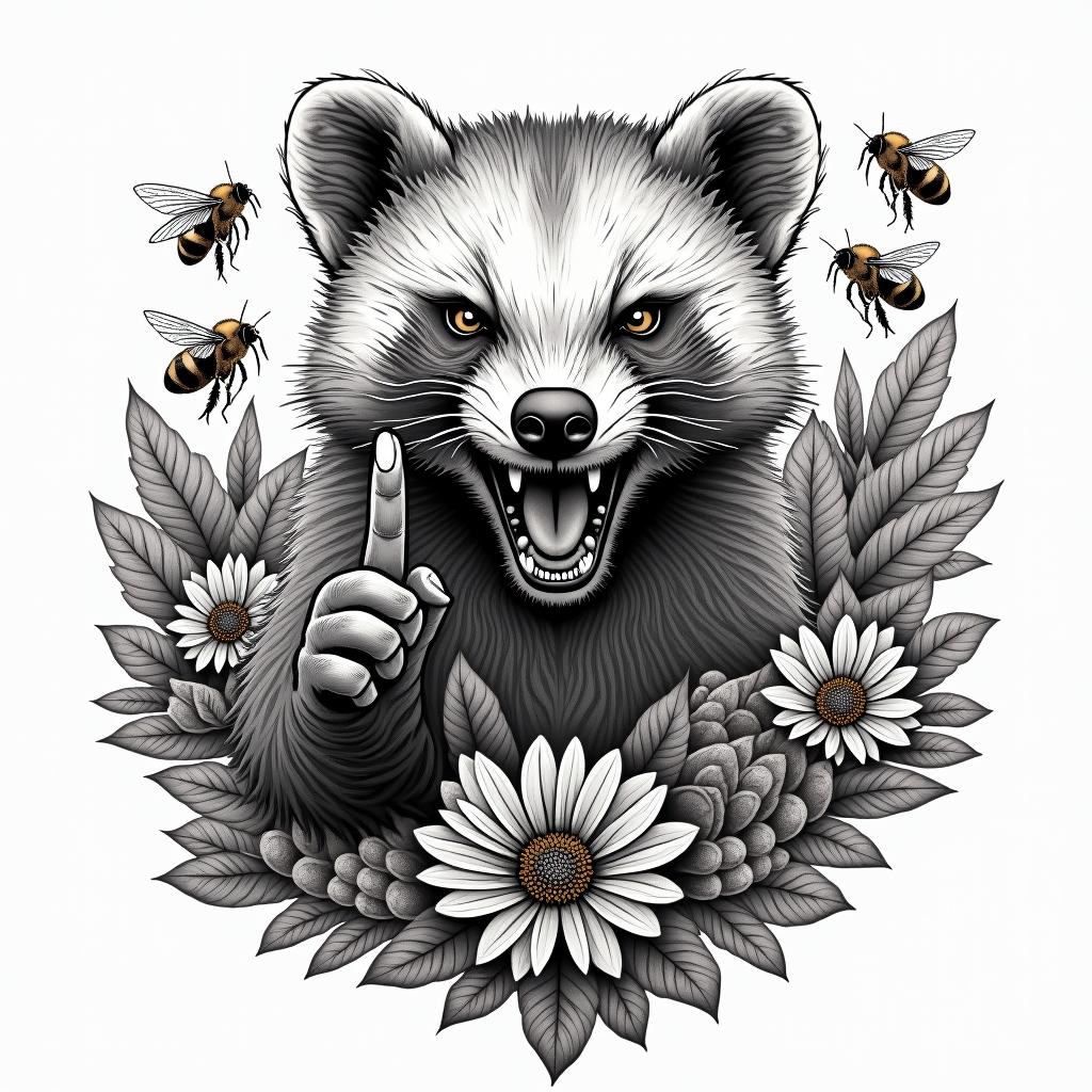 An angry honey badger surrounded by honey combs and bees flipping you off with just its middle finger sticking out away from its body. Made in full color not black and whitein ornamental tattoo style, featuring intricate symmetrical patterns and floral designs, showcasing highly detailed line work and geometric shapes, creating a sense of elegance and balance - Variation 4