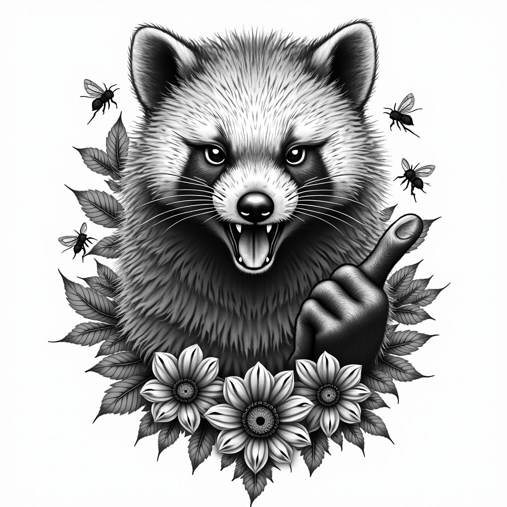 An angry honey badger surrounded by honey combs and bees flipping you off with just its middle finger sticking out away from its body. Made in full color not black and whitein ornamental tattoo style, featuring intricate symmetrical patterns and floral designs, showcasing highly detailed line work and geometric shapes, creating a sense of elegance and balance - Variation 3