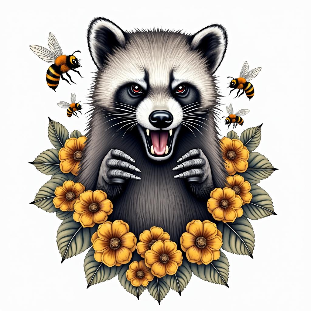 An angry honey badger surrounded by honey combs and bees flipping you off with just its middle finger sticking out away from its body. Made in full color not black and whitein ornamental tattoo style, featuring intricate symmetrical patterns and floral designs, showcasing highly detailed line work and geometric shapes, creating a sense of elegance and balance - Variation 2