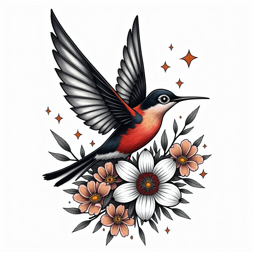 Scissor tailed fly catcher surrounded by Indian blanket flowersin graffiti style tattoo, featuring bold and dynamic street art elements, spray-paint texture with exaggerated lines and expressive, chaotic brushstrokes, intricate lettering incorporated with graffiti tags, symbols like hearts, stars, and wings - Variation 7