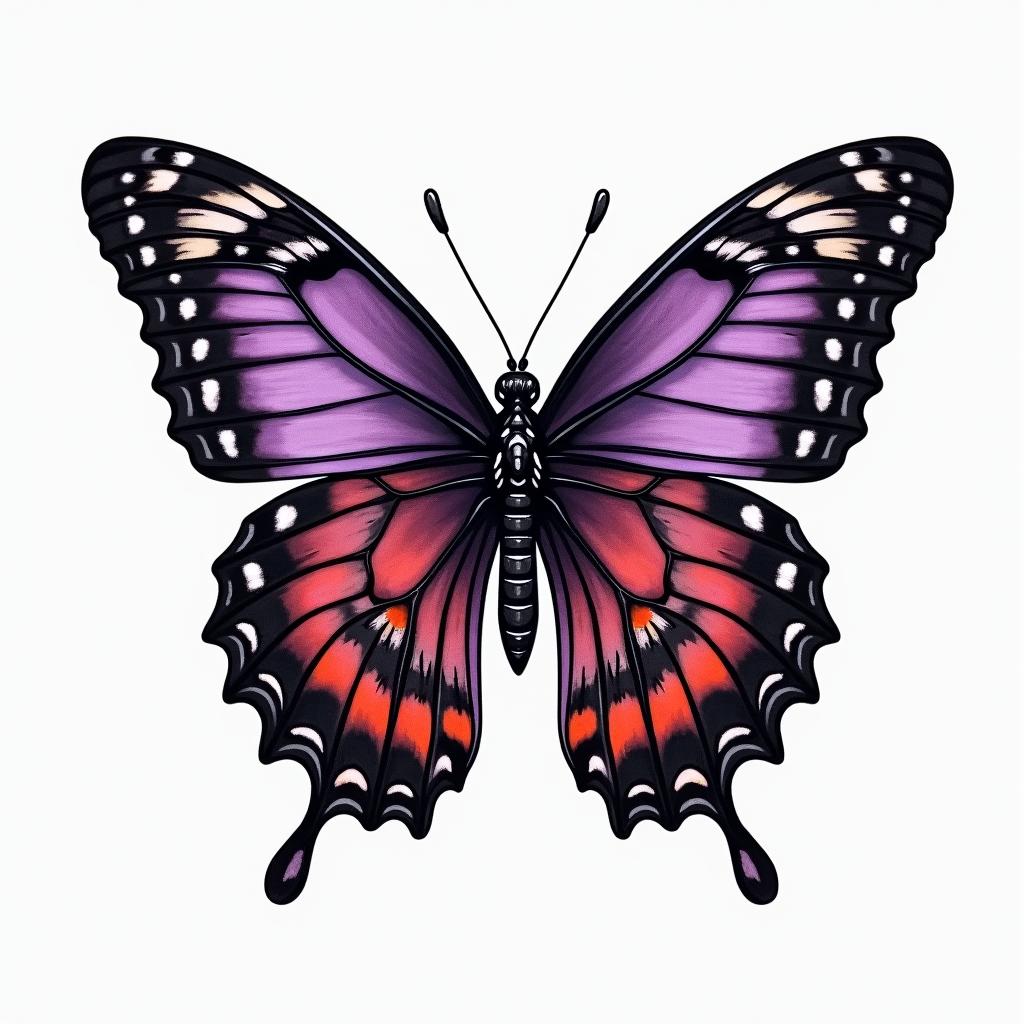 Purple butterfly with a red cardinal and Black eyes Susan flowersin authentic tattoo style, incorporating traditional modifications, bold black outlines, solid color fills, featuring classic authentic elements - Variation 2
