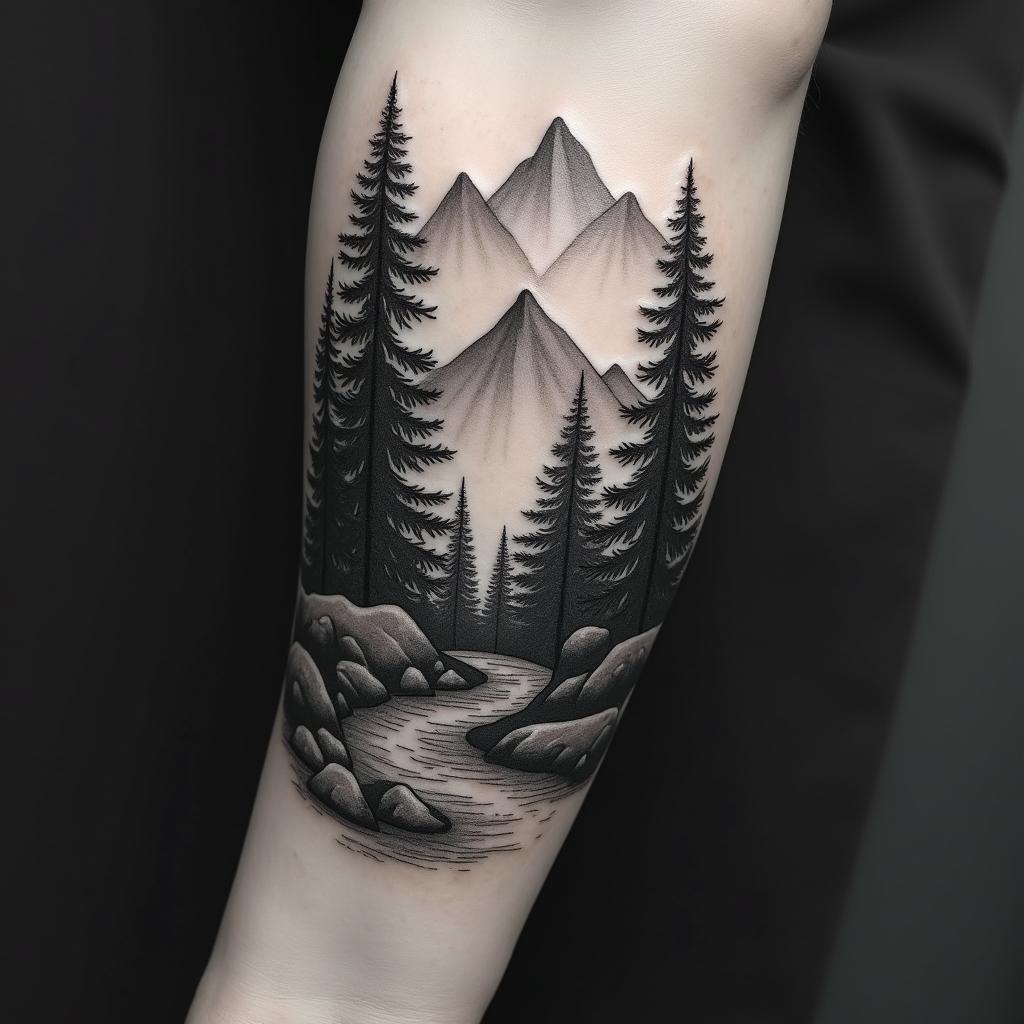 Pine forest with mountainsin realism tattoo style, featuring a highly detailed, lifelike, capturing every detail, photorealistic, ultra realistic, intricate shading, smooth and sharp, - Variation 6