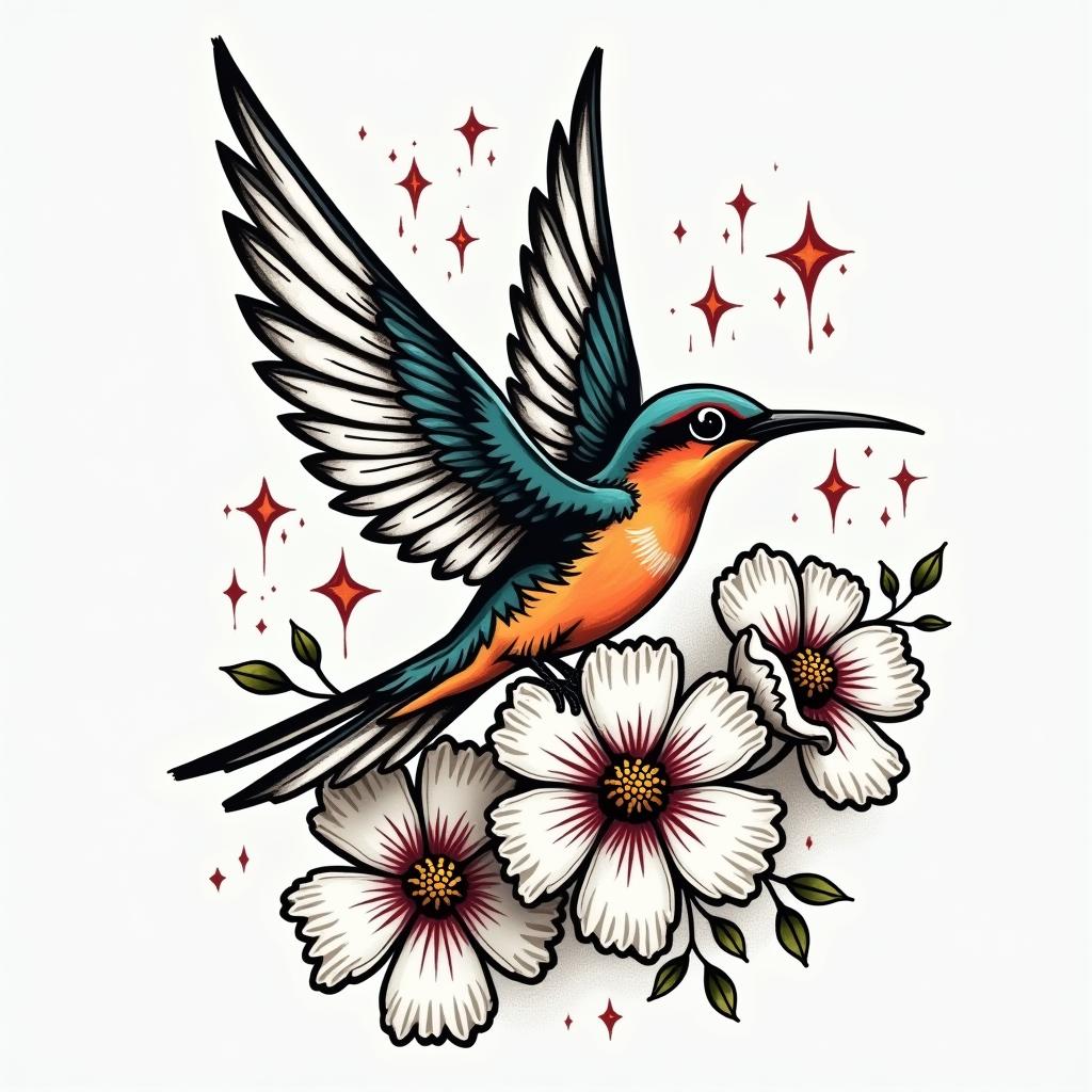 Scissor tailed fly catcher surrounded by Indian blanket flowersin graffiti style tattoo, featuring bold and dynamic street art elements, spray-paint texture with exaggerated lines and expressive, chaotic brushstrokes, intricate lettering incorporated with graffiti tags, symbols like hearts, stars, and wings - Variation 1