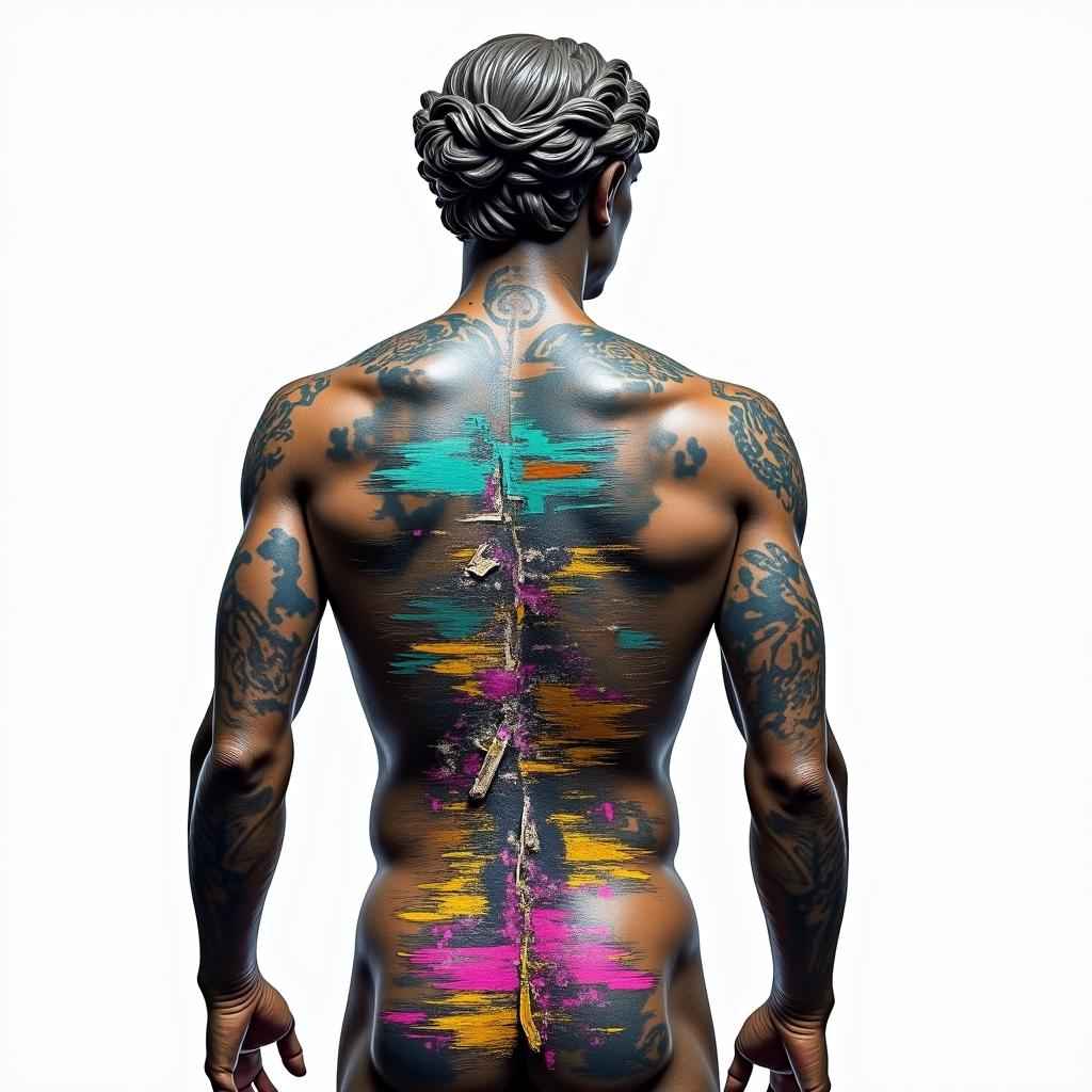 A collage on back with road along spine. Along the beginning of road stormy and trash debris tears drugs alcohol gambling struggle. At the end of the road unity money hope familyin distorted and fragmented tattoo design, featuring a classical statue bust, in a glitch art style with vibrant, overlapping colors of cyan, magenta, and yellow, creating a digital distortion effect - Variation 4