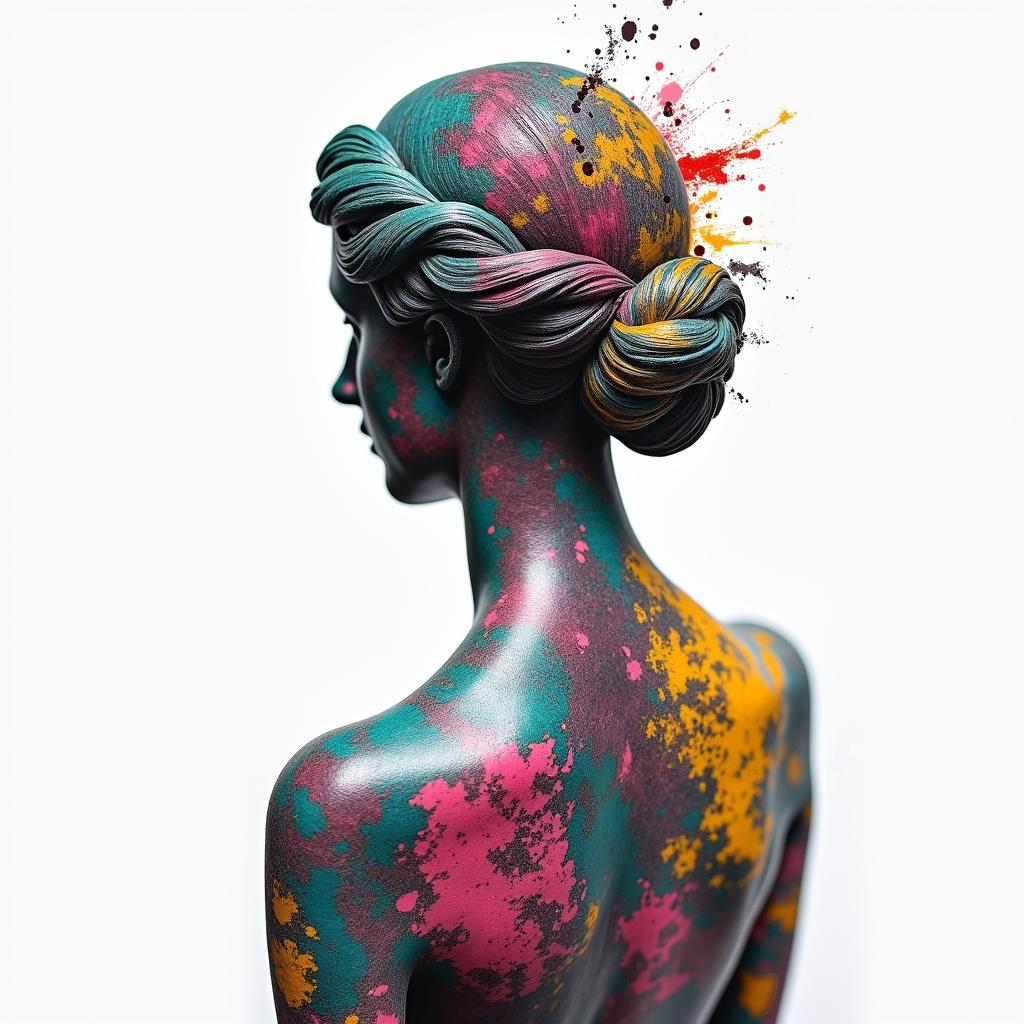 A collage on back with road along spine. Along the beginning of road stormy and trash debris tears drugs alcohol gambling struggle. At the end of the road unity money hope familyin distorted and fragmented tattoo design, featuring a classical statue bust, in a glitch art style with vibrant, overlapping colors of cyan, magenta, and yellow, creating a digital distortion effect - Variation 2