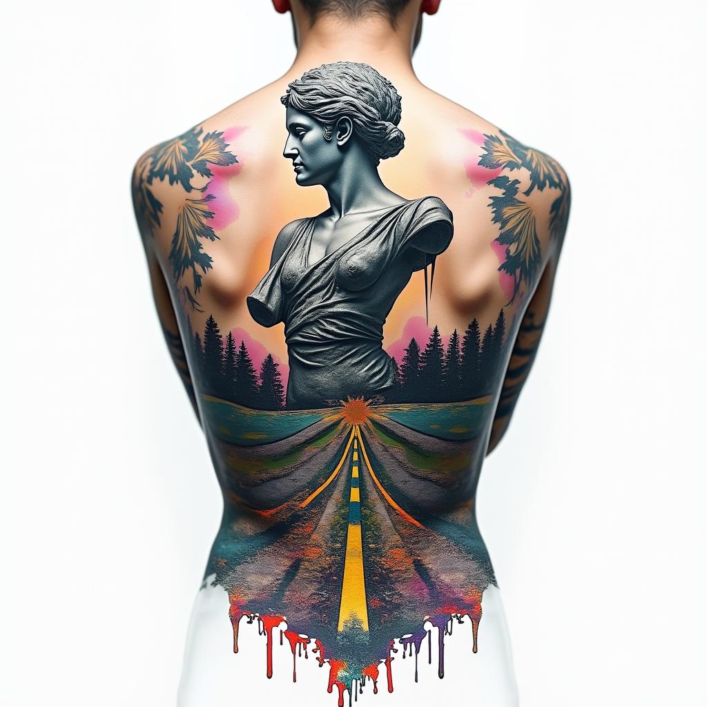 A collage on back with road along spine. Along the beginning of road stormy and trash debris tears drugs alcohol gambling struggle. At the end of the road unity money hope familyin distorted and fragmented tattoo design, featuring a classical statue bust, in a glitch art style with vibrant, overlapping colors of cyan, magenta, and yellow, creating a digital distortion effect