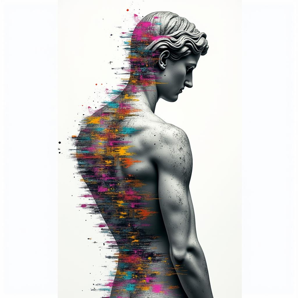 A collage on back with road along spine. Along the beginning of road stormy and trash debris tears drugs alcohol gambling struggle. At the end of the road unity money hope familyin distorted and fragmented tattoo design, featuring a classical statue bust, in a glitch art style with vibrant, overlapping colors of cyan, magenta, and yellow, creating a digital distortion effect - Variation 3