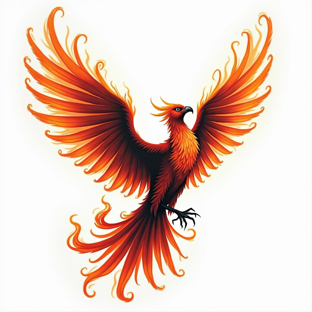 Flying phoenix with fire i still rise  water colorin flame tattoo style showcasing fiery elements with dynamic flame patterns, glowing effect of flames, natural colors - Variation 5