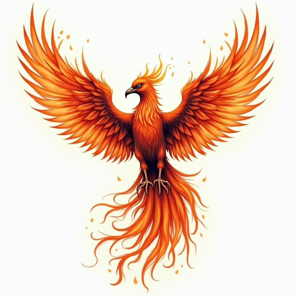 Flying phoenix with fire i still rise  water colorin flame tattoo style showcasing fiery elements with dynamic flame patterns, glowing effect of flames, natural colors - Variation 8