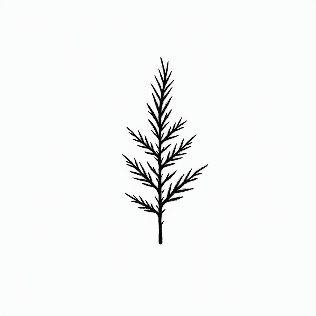 Juniper branchin minimalist style tattoo, featuring simple shapes and fine lines, with minimal shading and details, tiny triangles, creating a sense of balance and harmony