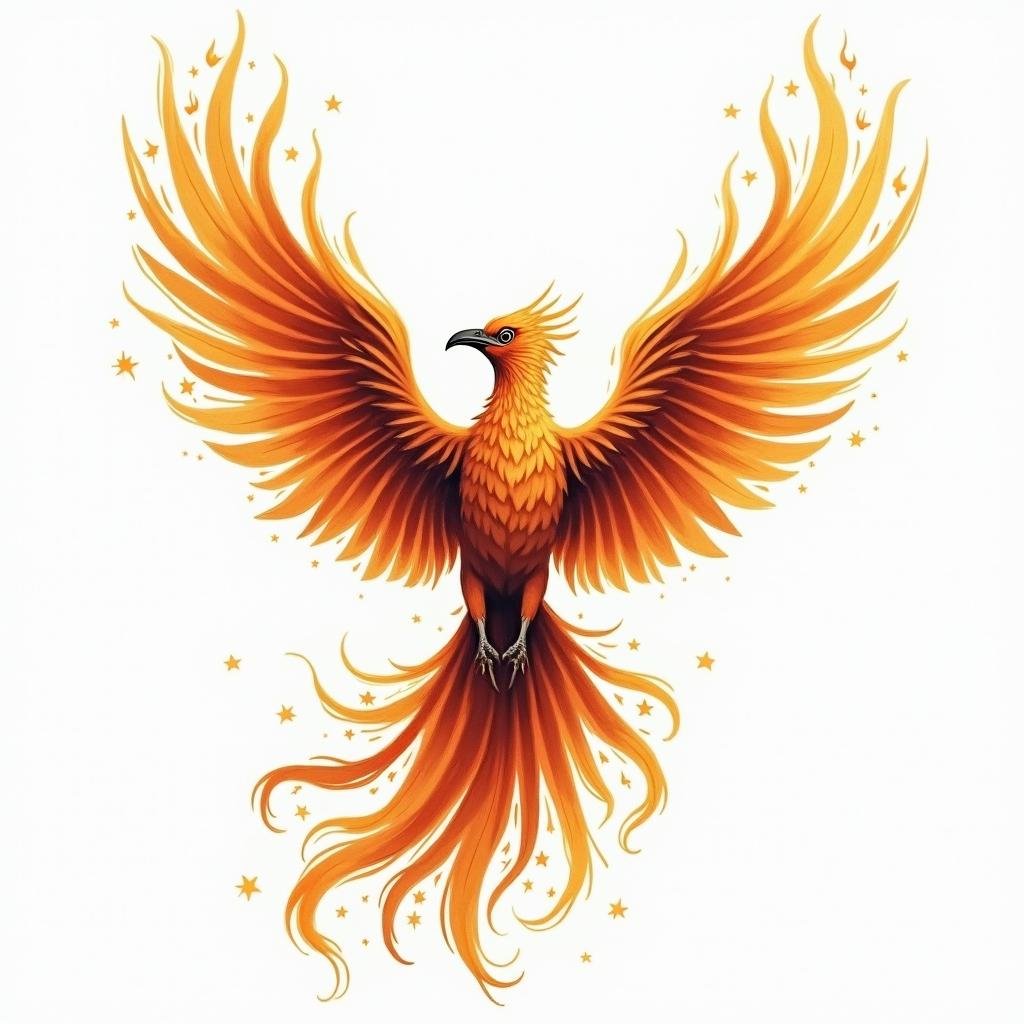 Flying phoenix with fire i still rise  water colorin flame tattoo style showcasing fiery elements with dynamic flame patterns, glowing effect of flames, natural colors - Variation 6