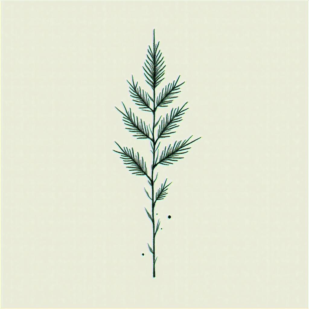 Juniper branchin minimalist style tattoo, featuring simple shapes and fine lines, with minimal shading and details, tiny triangles, creating a sense of balance and harmony - Variation 2