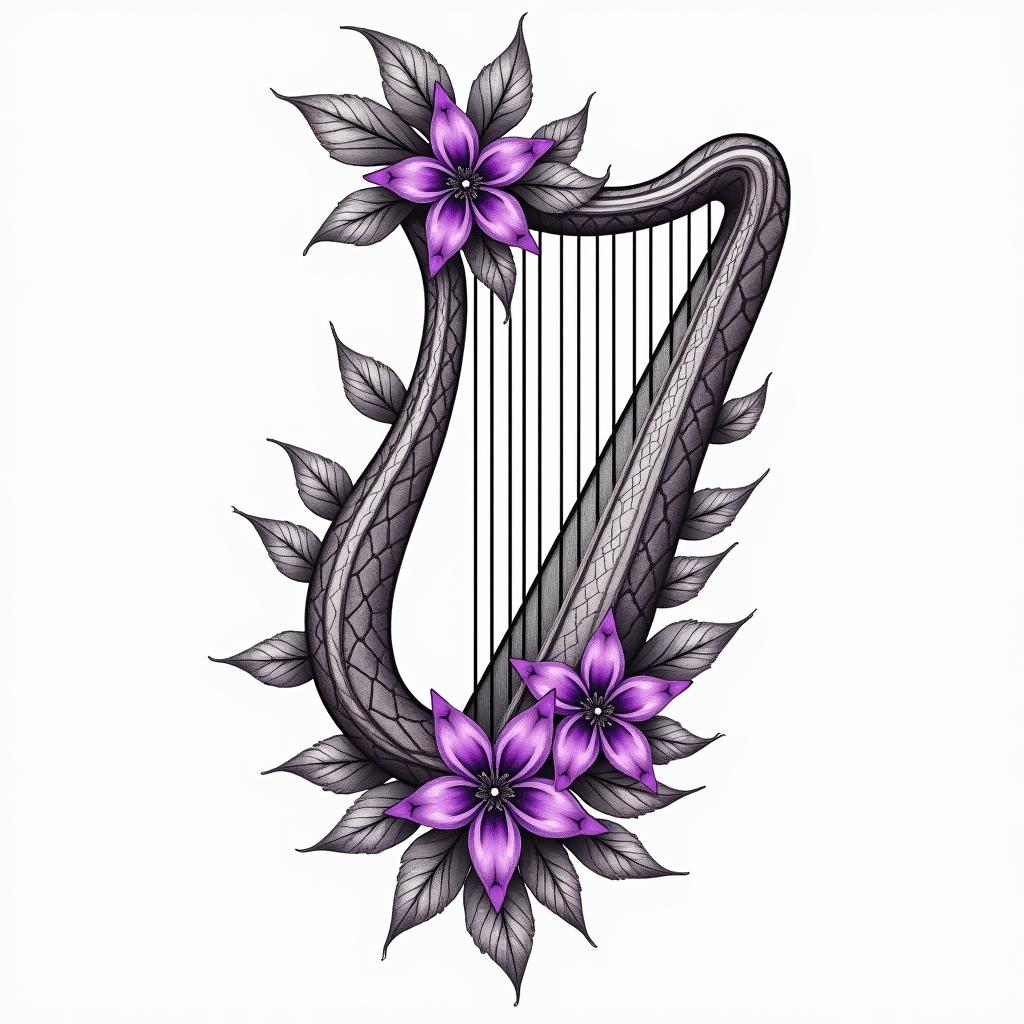 Delicate Harp with violet flowers in geometric style tattoo, blending hexagons, mandala-inspired patterns, symmetrical and fractal design, clean lines, sharp angles - Variation 4