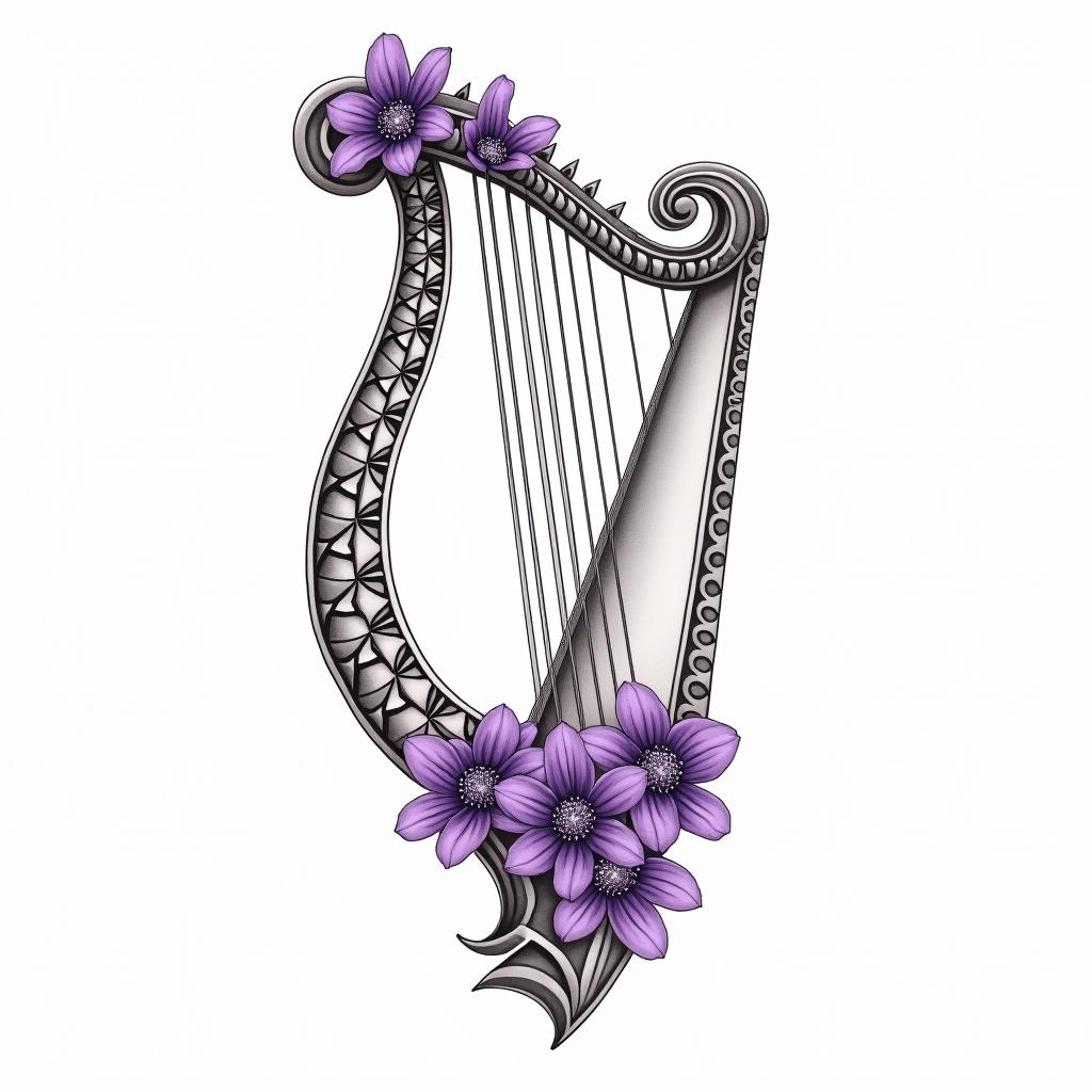Delicate Harp with violet flowers in geometric style tattoo, blending hexagons, mandala-inspired patterns, symmetrical and fractal design, clean lines, sharp angles