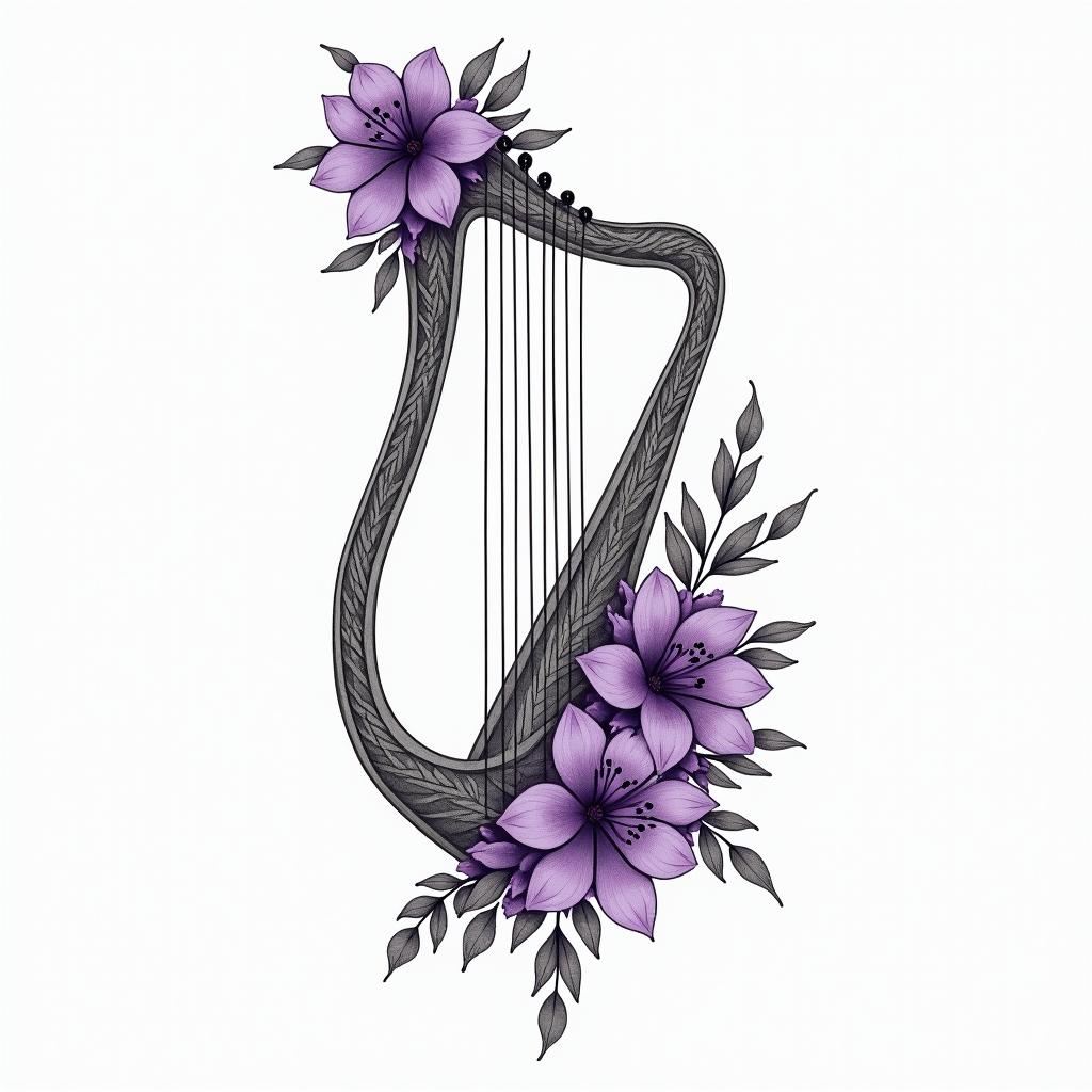 Delicate Harp with violet flowers in geometric style tattoo, blending hexagons, mandala-inspired patterns, symmetrical and fractal design, clean lines, sharp angles - Variation 3