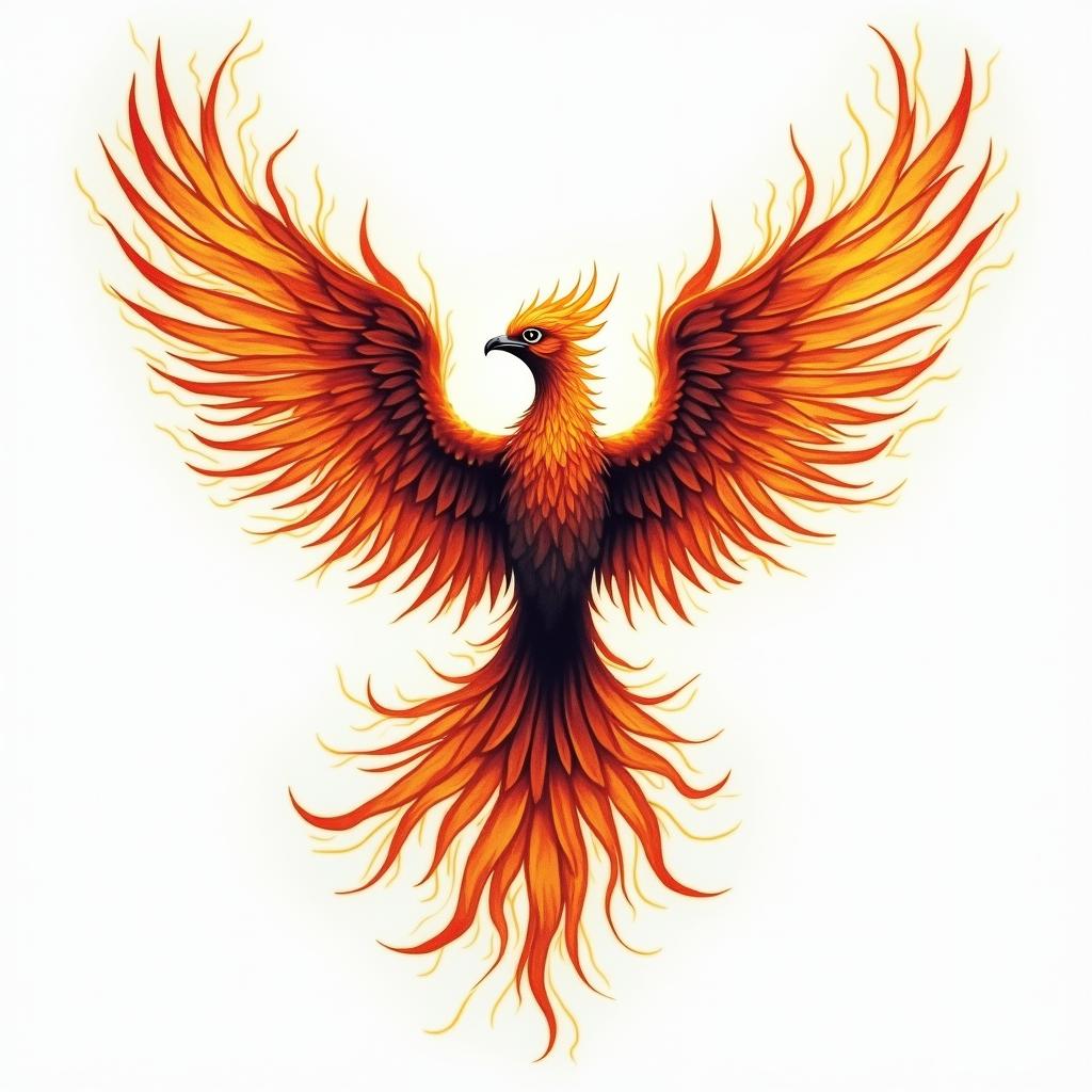 Flying phoenix with fire i still rise  water colorin flame tattoo style showcasing fiery elements with dynamic flame patterns, glowing effect of flames, natural colors - Variation 4