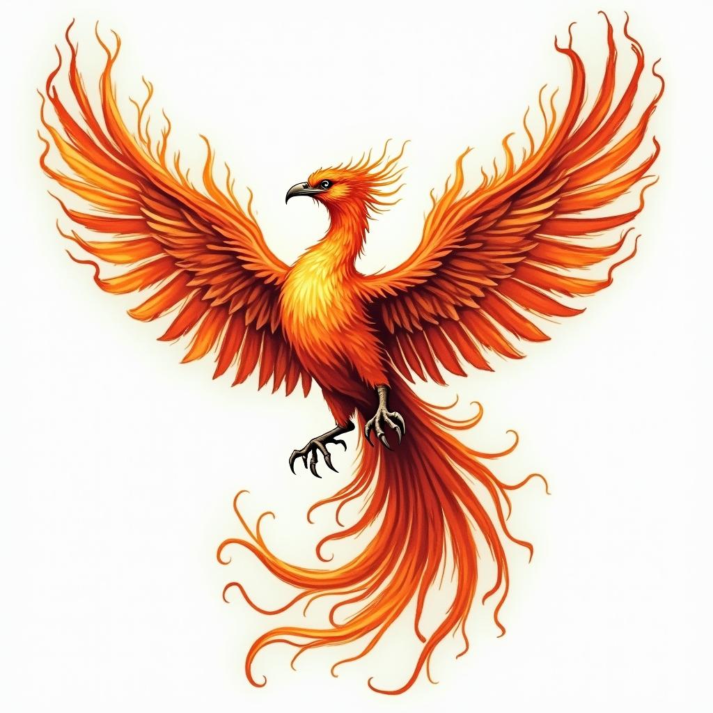 Flying phoenix with fire i still rise  water colorin flame tattoo style showcasing fiery elements with dynamic flame patterns, glowing effect of flames, natural colors - Variation 3