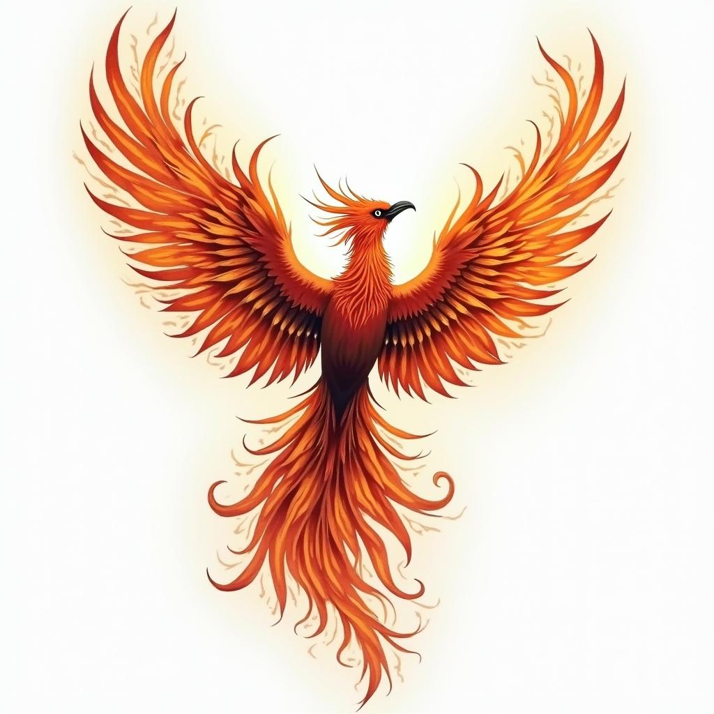 Flying phoenix with fire i still rise  water colorin flame tattoo style showcasing fiery elements with dynamic flame patterns, glowing effect of flames, natural colors - Variation 2