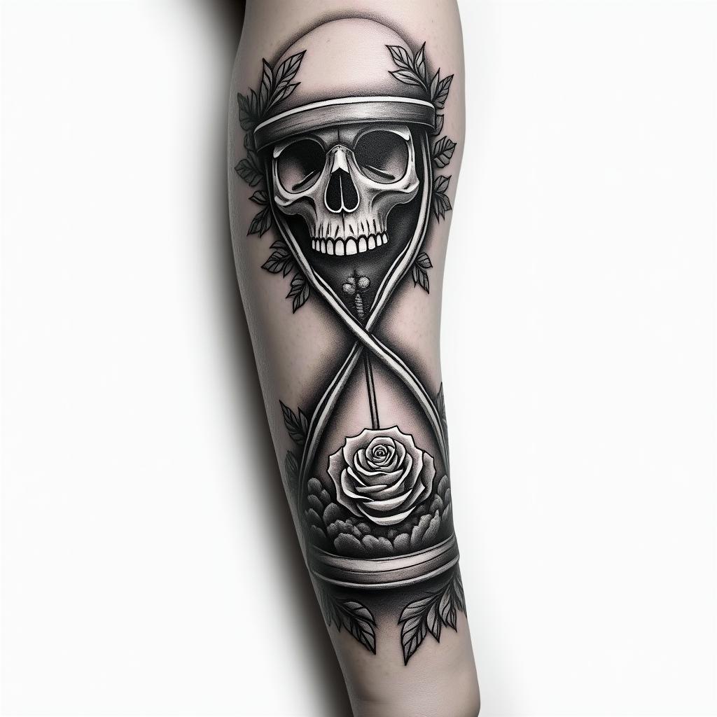 A realistic black and gray upper arm sleeve tattoo featuring an hourglass intertwined with a skull and rose symbolizing "Memento Mori", with the hourglass representing the passage of time, the skull depicting death, and the rose signifying life. The design is accented with laurel leaves and subtle Roman themes in the background, showcasing intricate shading and a cohesive blend of these powerful symbols.higly detailed tattoo