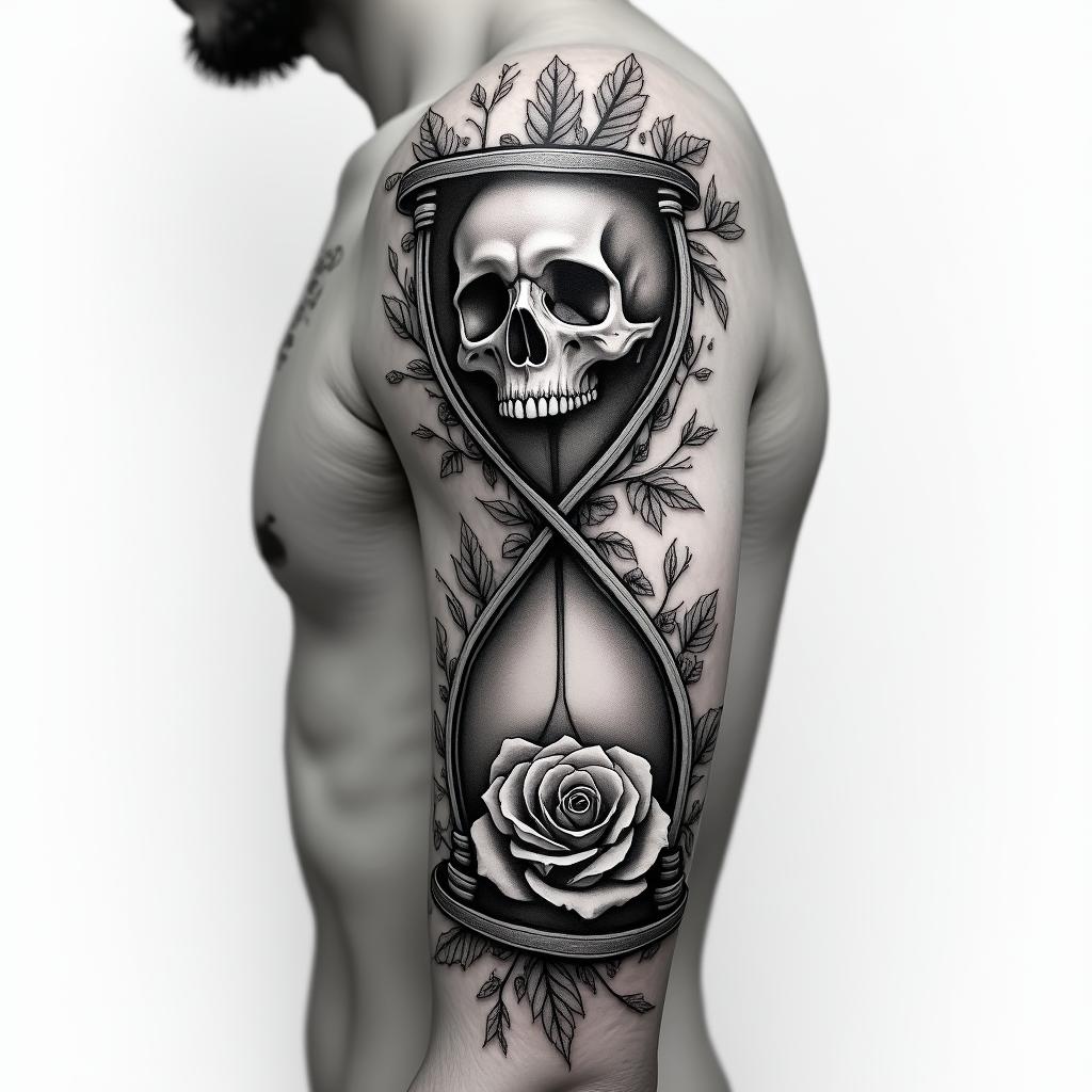 A realistic black and gray upper arm sleeve tattoo featuring an hourglass intertwined with a skull and rose symbolizing "Memento Mori", with the hourglass representing the passage of time, the skull depicting death, and the rose signifying life. The design is accented with laurel leaves and subtle Roman themes in the background, showcasing intricate shading and a cohesive blend of these powerful symbols.higly detailed tattoo - Variation 4