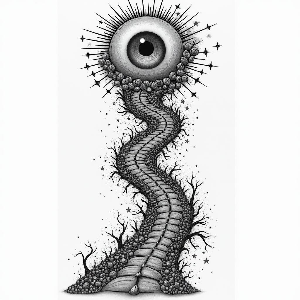 A collage with road along my 
spine. Along the beginning of road stormy and trash debris tears drugs alcohol gambling struggle. At the end of the road unity money hope familyin prophecy tattoo style, featuring mystical symbols, celestial imagery like stars, moons, suns, geometric patterns, foretelling elements, an eye of wisdom - Variation 3