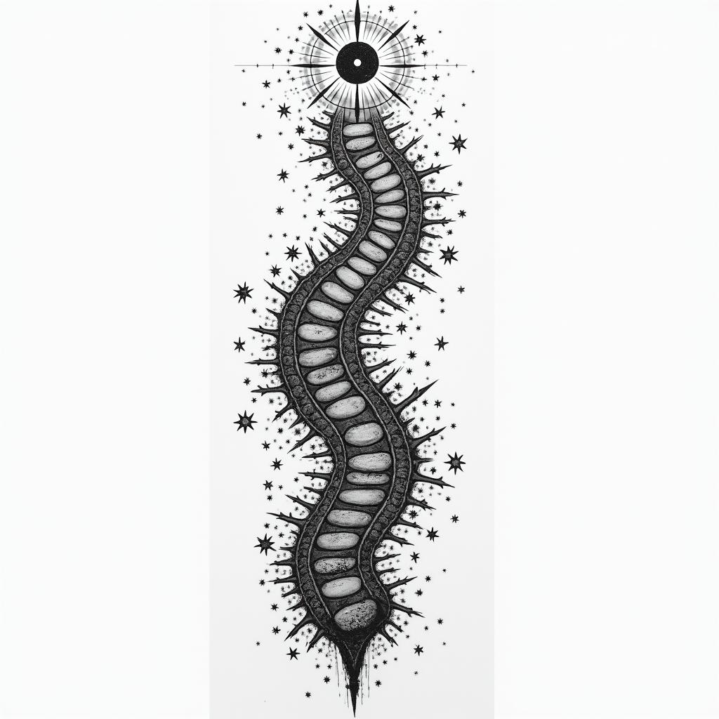 A collage with road along my 
spine. Along the beginning of road stormy and trash debris tears drugs alcohol gambling struggle. At the end of the road unity money hope familyin prophecy tattoo style, featuring mystical symbols, celestial imagery like stars, moons, suns, geometric patterns, foretelling elements, an eye of wisdom - Variation 4