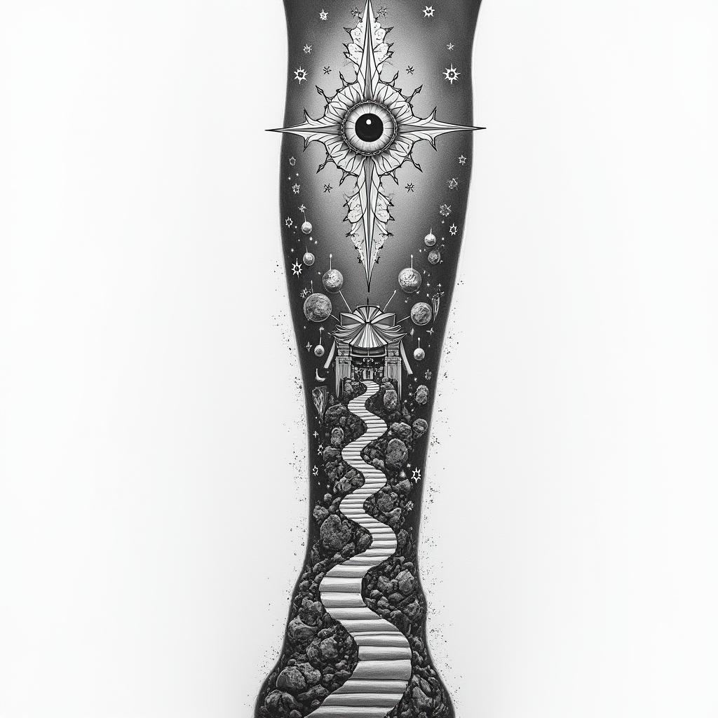 A collage with road along my 
spine. Along the beginning of road stormy and trash debris tears drugs alcohol gambling struggle. At the end of the road unity money hope familyin prophecy tattoo style, featuring mystical symbols, celestial imagery like stars, moons, suns, geometric patterns, foretelling elements, an eye of wisdom - Variation 2