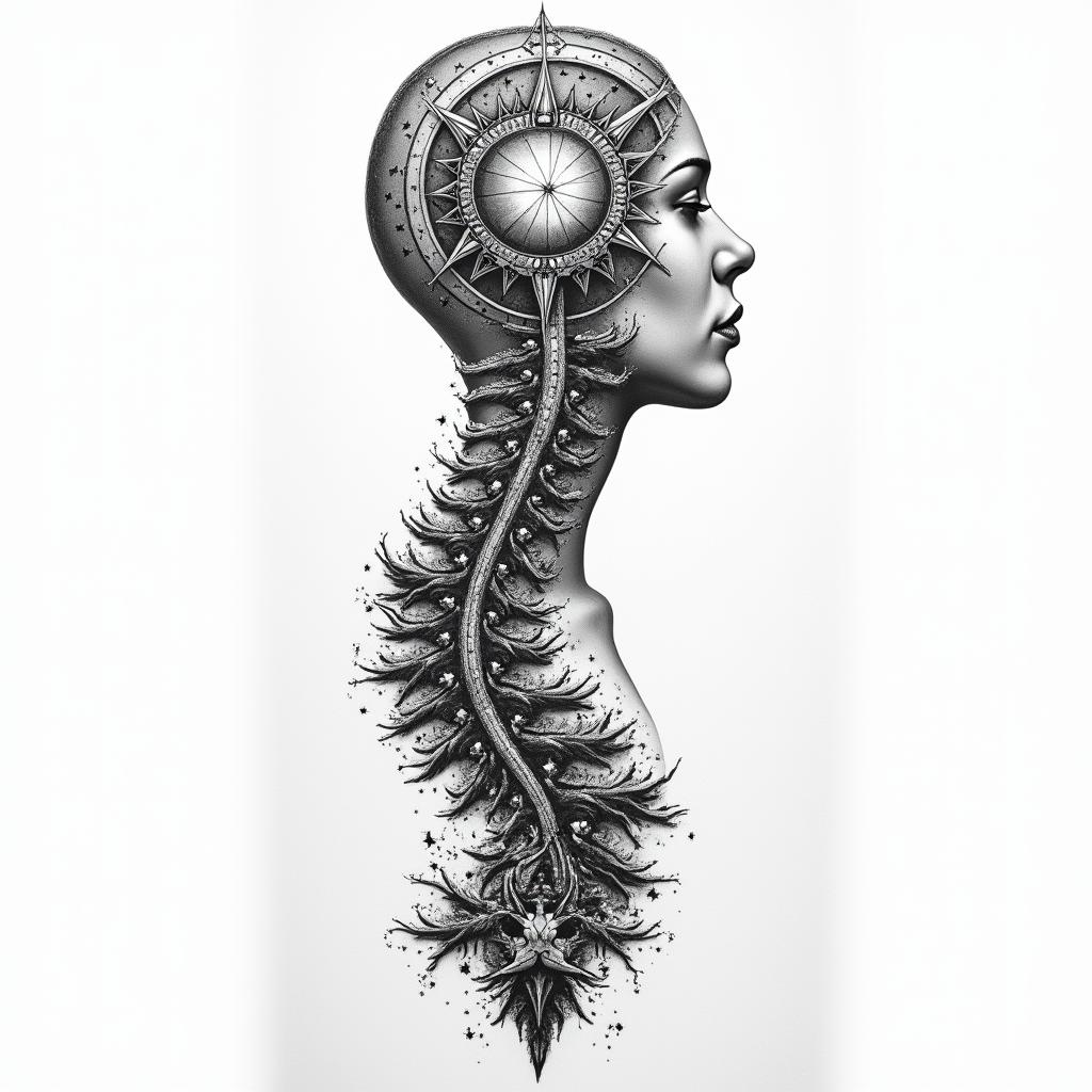 A collage with road along my
spine. Along the beginning of road stormy and trash debris tears drugs alcohol gambling struggle. At the end of the road unity money hope familyin prophecy tattoo style, featuring mystical symbols, celestial imagery like stars, moons, suns, geometric patterns, foretelling elements, an eye of wisdom
