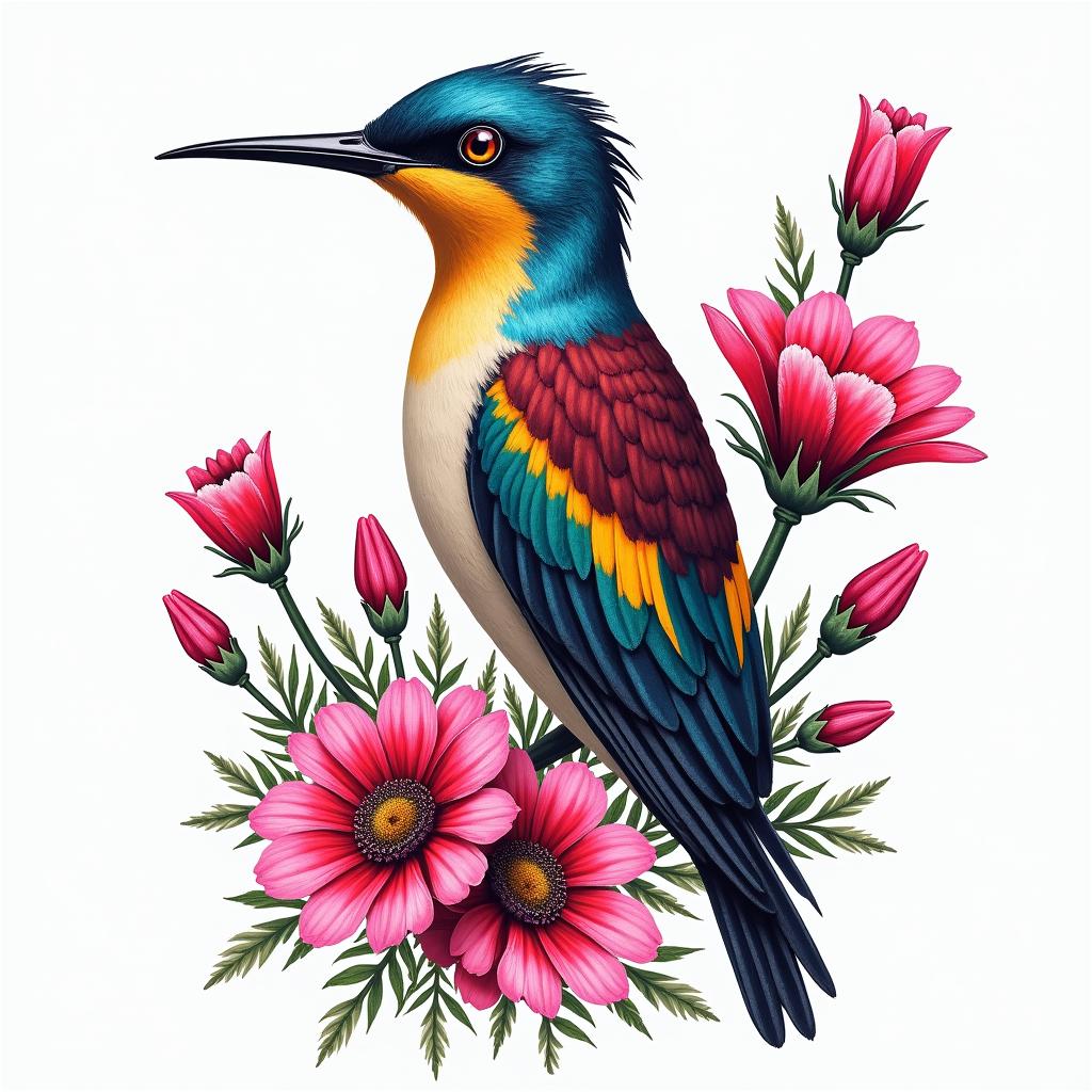 Scissor tailed fly catcher surrounded by Indian blanket flowersin distorted and fragmented tattoo design, featuring a classical statue bust, in a glitch art style with vibrant, overlapping colors of cyan, magenta, and yellow, creating a digital distortion effect - Variation 8