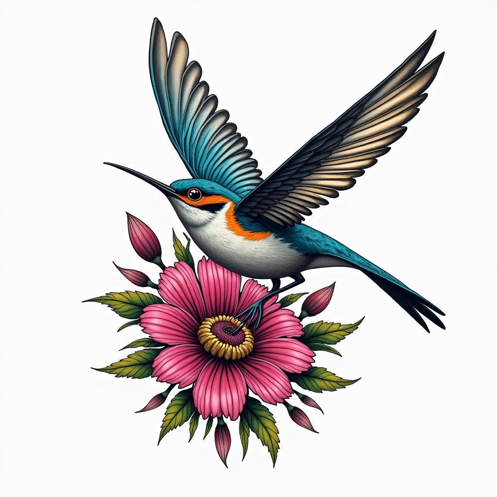 Scissor tailed fly catcher surrounded by Indian blanket flowersin distorted and fragmented tattoo design, featuring a classical statue bust, in a glitch art style with vibrant, overlapping colors of cyan, magenta, and yellow, creating a digital distortion effect - Variation 5