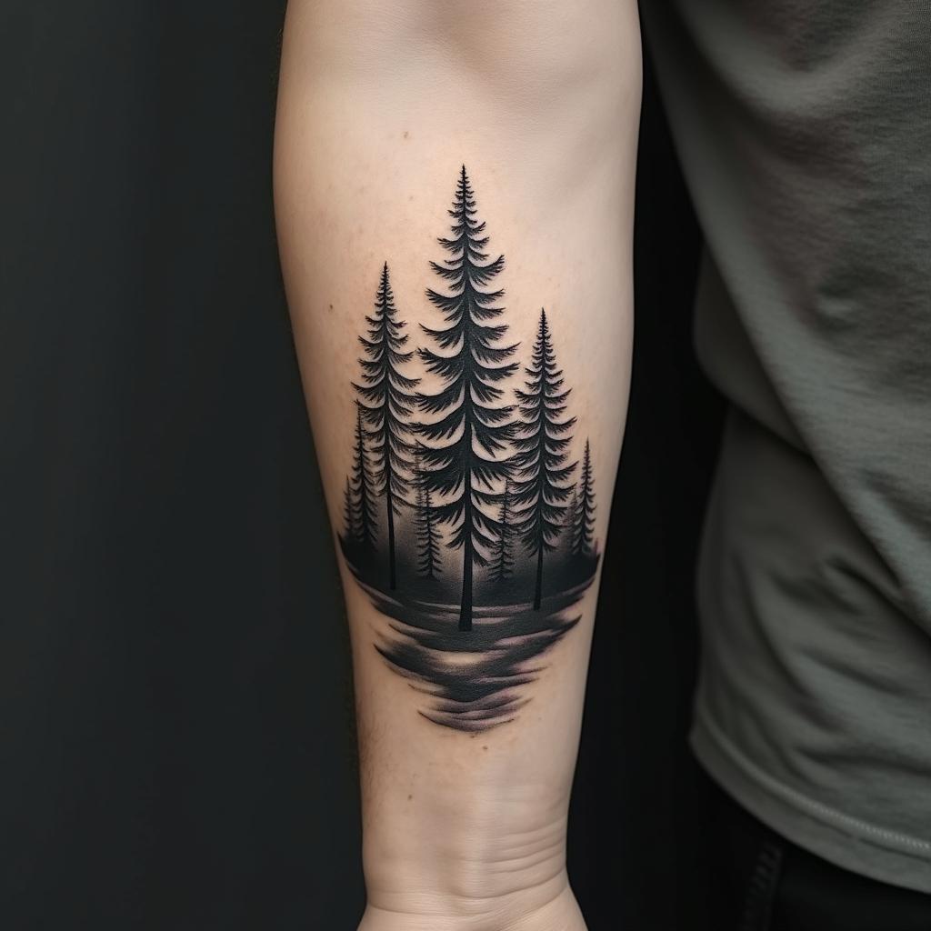 Pine forest with mountainsin realism tattoo style, featuring a highly detailed, lifelike, capturing every detail, photorealistic, ultra realistic, intricate shading, smooth and sharp, - Variation 2