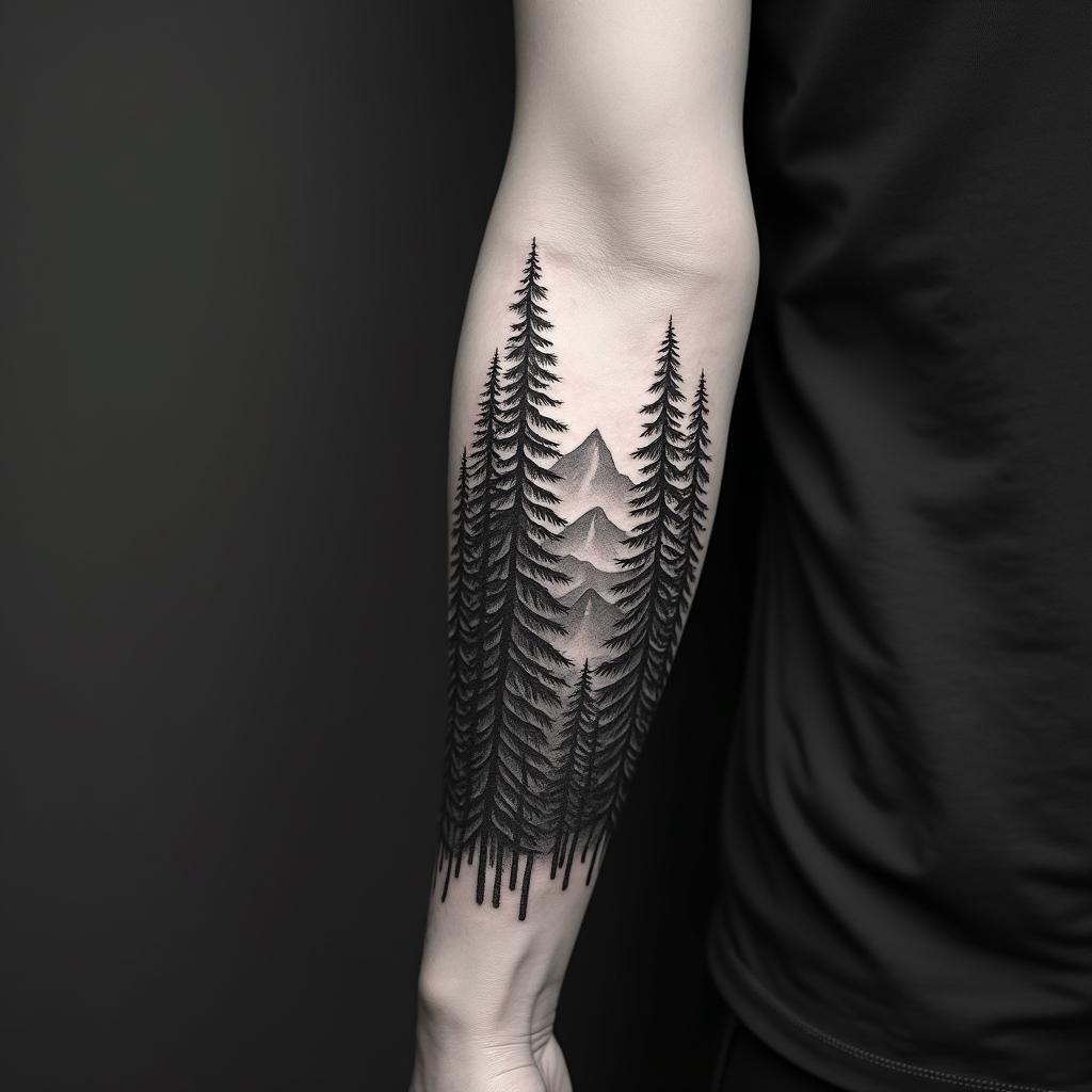 Pine forest with mountainsin realism tattoo style, featuring a highly detailed, lifelike, capturing every detail, photorealistic, ultra realistic, intricate shading, smooth and sharp, - Variation 1