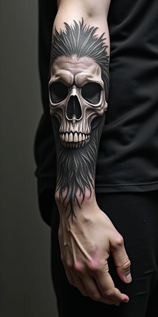 Sasquatch,forest in horror tattoo style, showcasing haunting and unsettling, dark and gritty textures with skulls, eerie faces, jgged designs, bold and intense shading - Variation 2