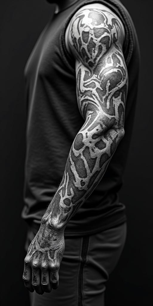 Sasquatch,forest in horror tattoo style, showcasing haunting and unsettling, dark and gritty textures with skulls, eerie faces, jgged designs, bold and intense shading - Variation 3