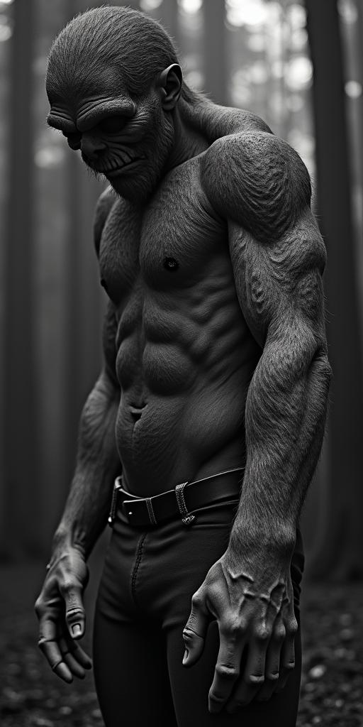 Sasquatch,forest in horror tattoo style, showcasing haunting and unsettling, dark and gritty textures with skulls, eerie faces, jgged designs, bold and intense shading - Variation 4