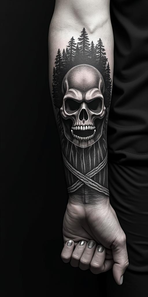 Sasquatch,forest in horror tattoo style, showcasing haunting and unsettling, dark and gritty textures with skulls, eerie faces, jgged designs, bold and intense shading